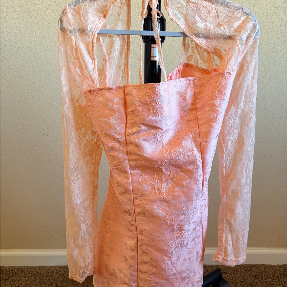 SHEIN Pink Peach Strapless Lace Sheath Dress